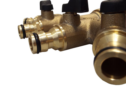 Brass 4-way manifold valve body with side ports and snap-on outlet fittings