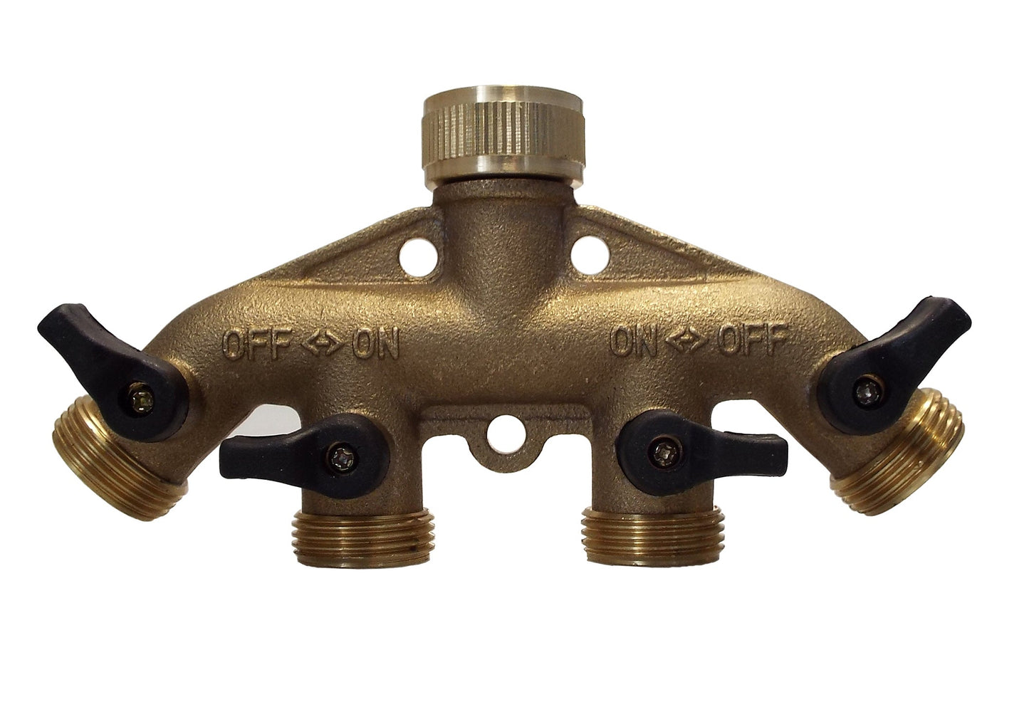 Messing 4-Wege Verteiler mit vier Gewindeanschlüssen und Hebelventilen, OFF/ON