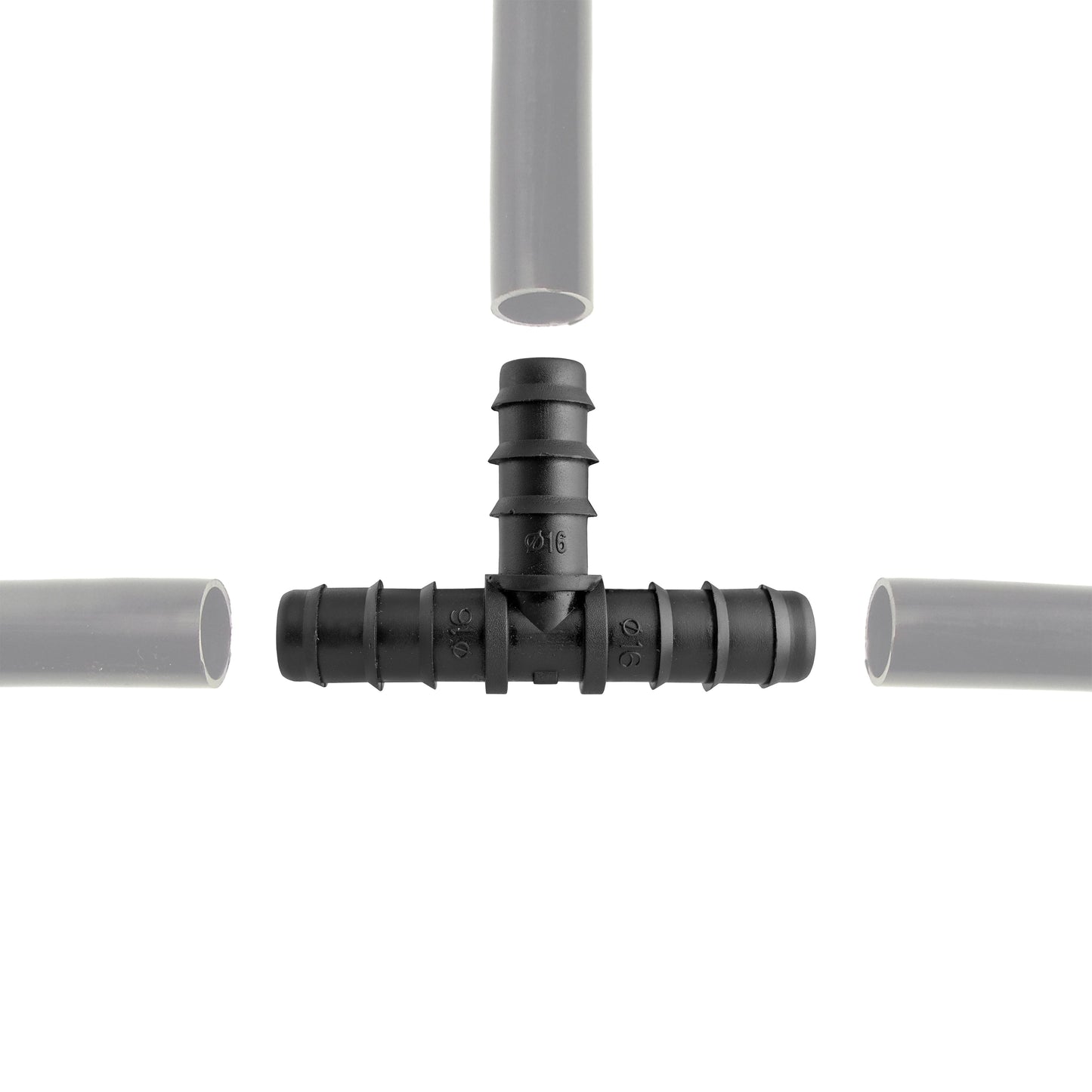 Schwarzes 1/2" Barb-T-Stück mit drei angeschlossenen Rohrenden