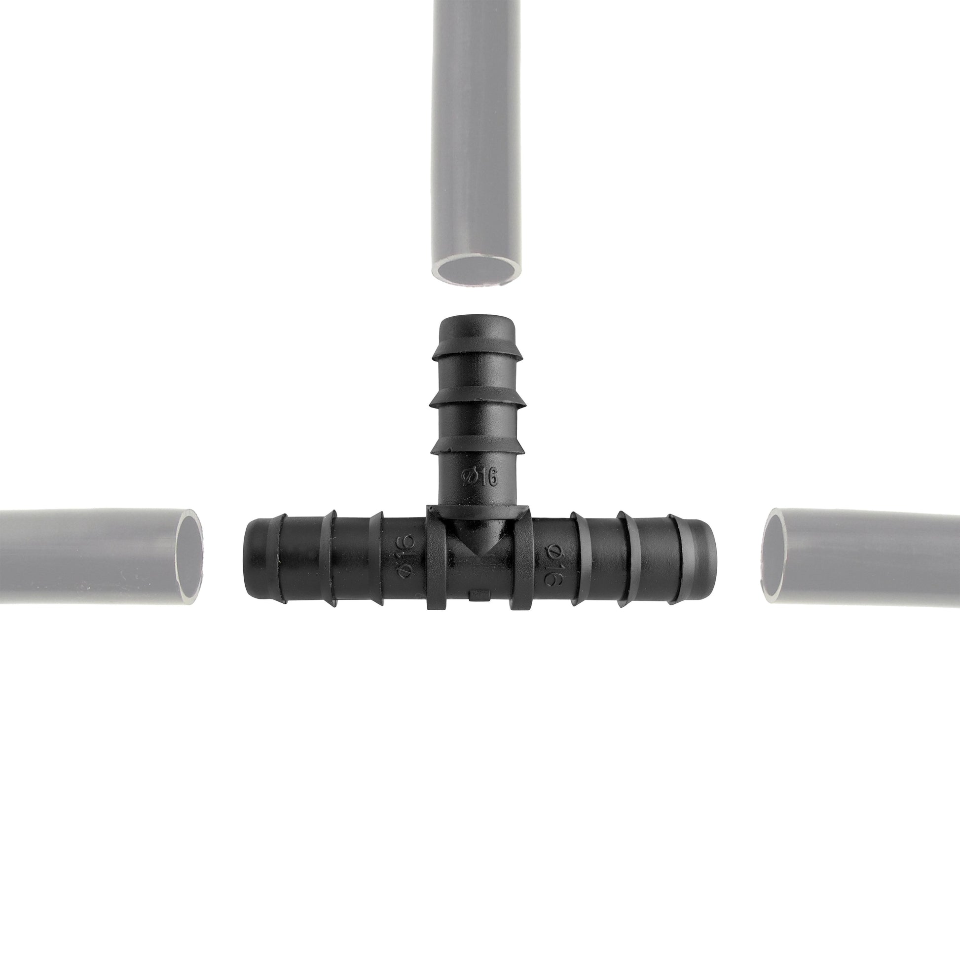 Schwarzes 1/2" Barb-T-Stück mit drei angeschlossenen Rohrenden