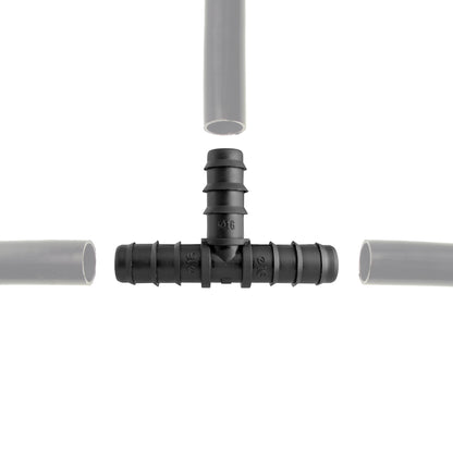 Schwarzes 1/2" Barb-T-Stück mit drei angeschlossenen Rohrenden