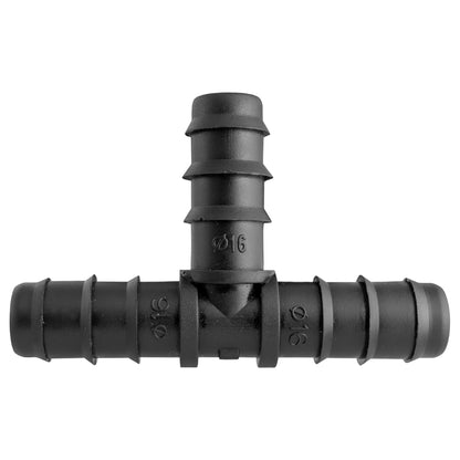 Schwarzes 1/2" Barb-T-Stück mit drei Ausgängen und markierter Mittelpartie