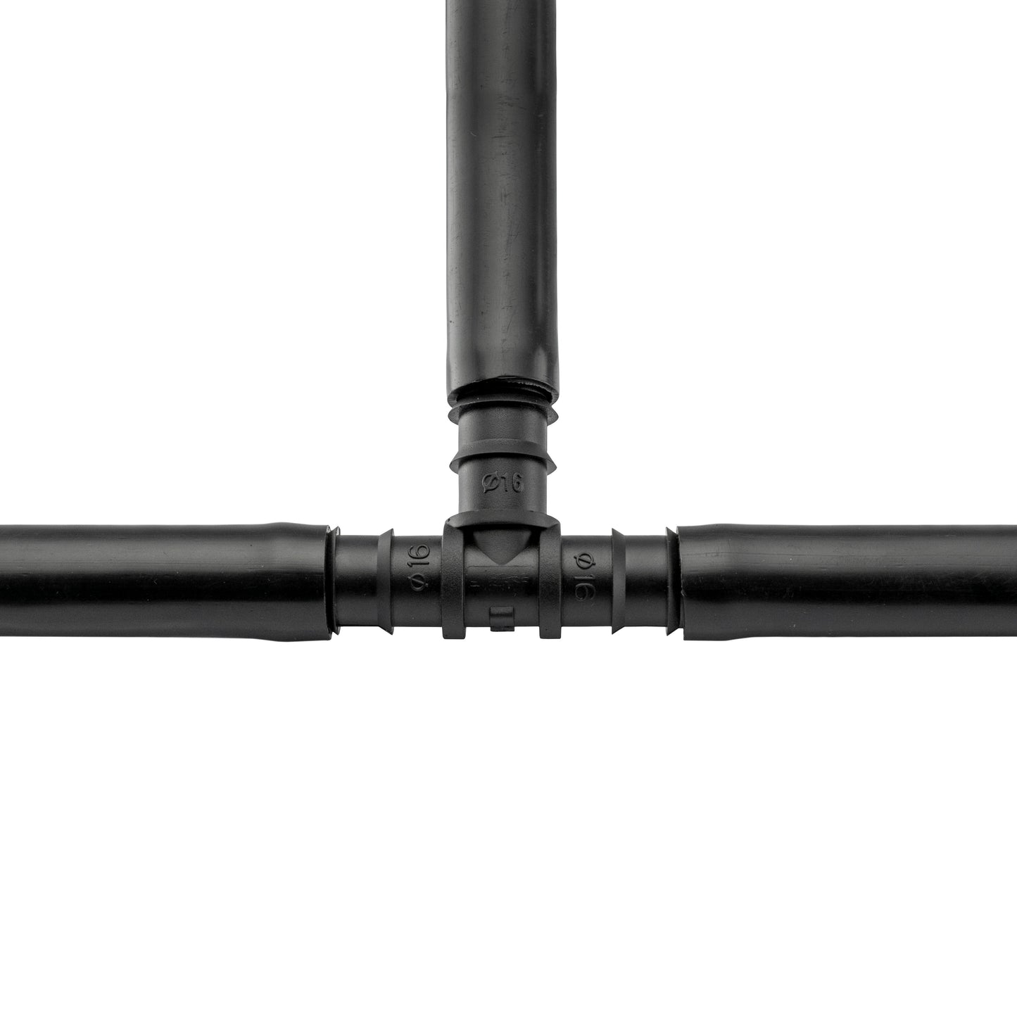 Schwarzes 1/2" Barb-T-Stück mit vertikaler Leitung und seitlichen Anschlüssen