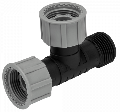 Swivel tee 1" BSP male-female female fitting, black and grey, swivel joint