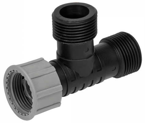 Swivel tee fitting, 1" BSP, black threaded connector with gray coupling ring