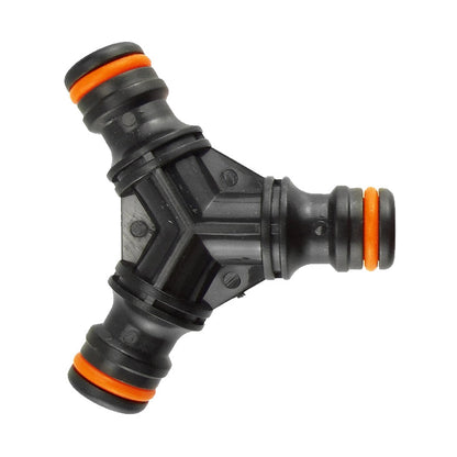 Three-way snap-on male connector, black with orange sealing rings, angled view