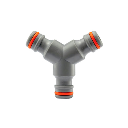 Three Way male connector, gray plastic with orange seals, three-way Y shape