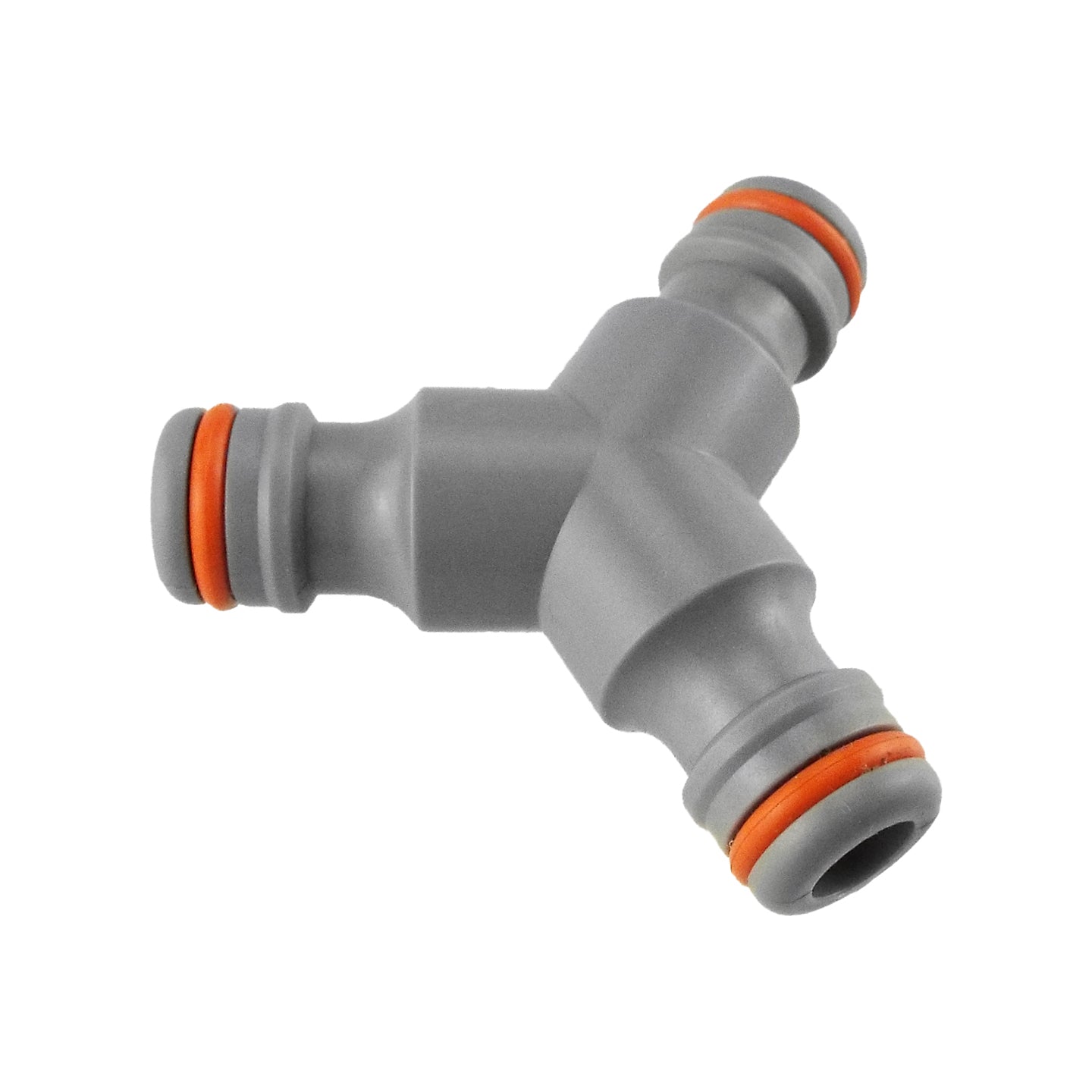 Three-way male connector, side view, gray fittings with orange sealing rings