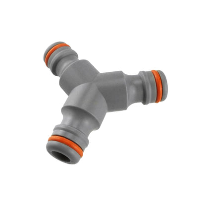 Three-way male hose connector, angled view, gray body with orange ring seals