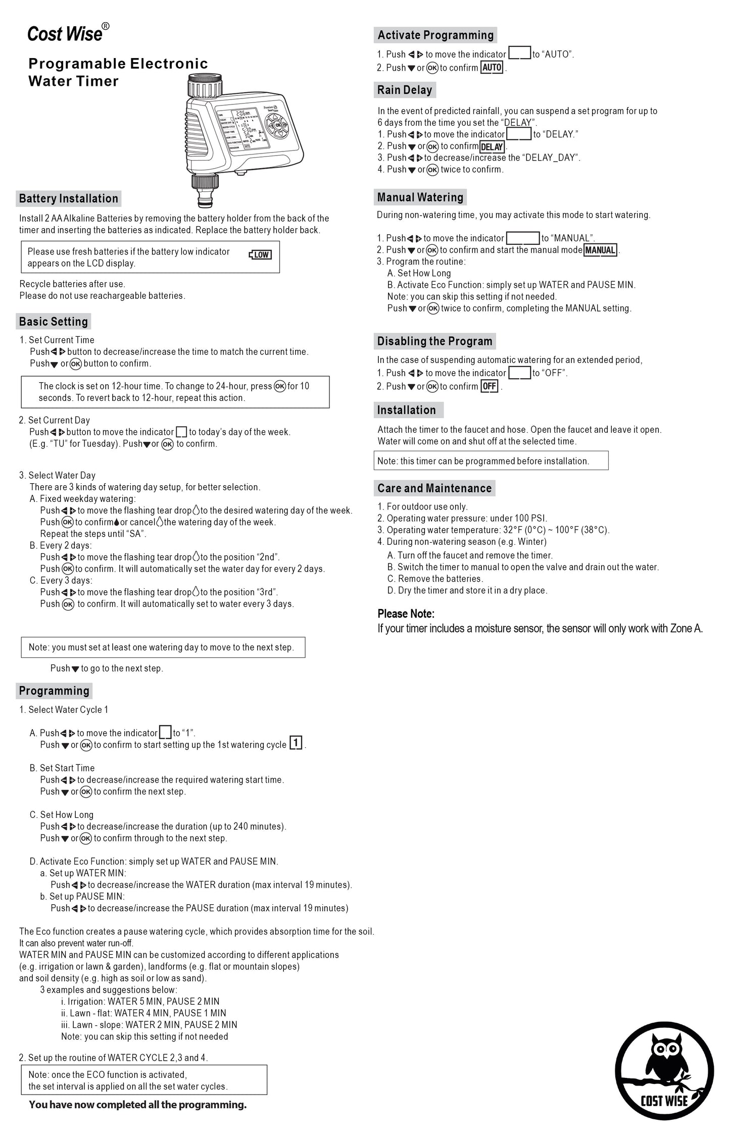 Printed manual page for programmable electronic water timer instructions