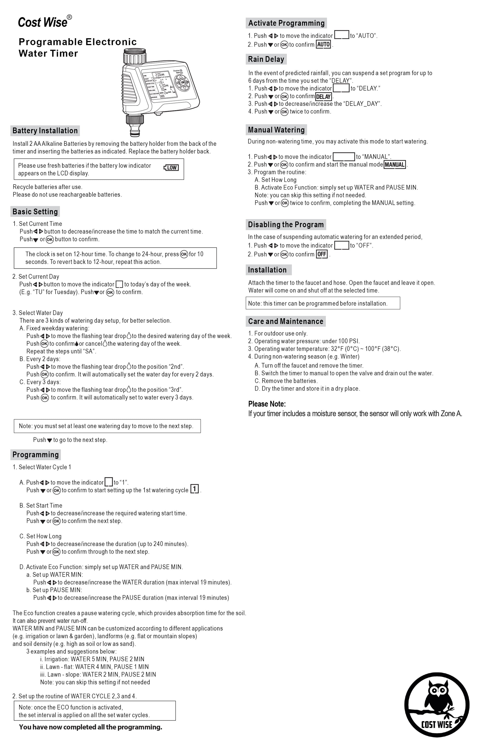 Printed manual page for programmable electronic water timer instructions