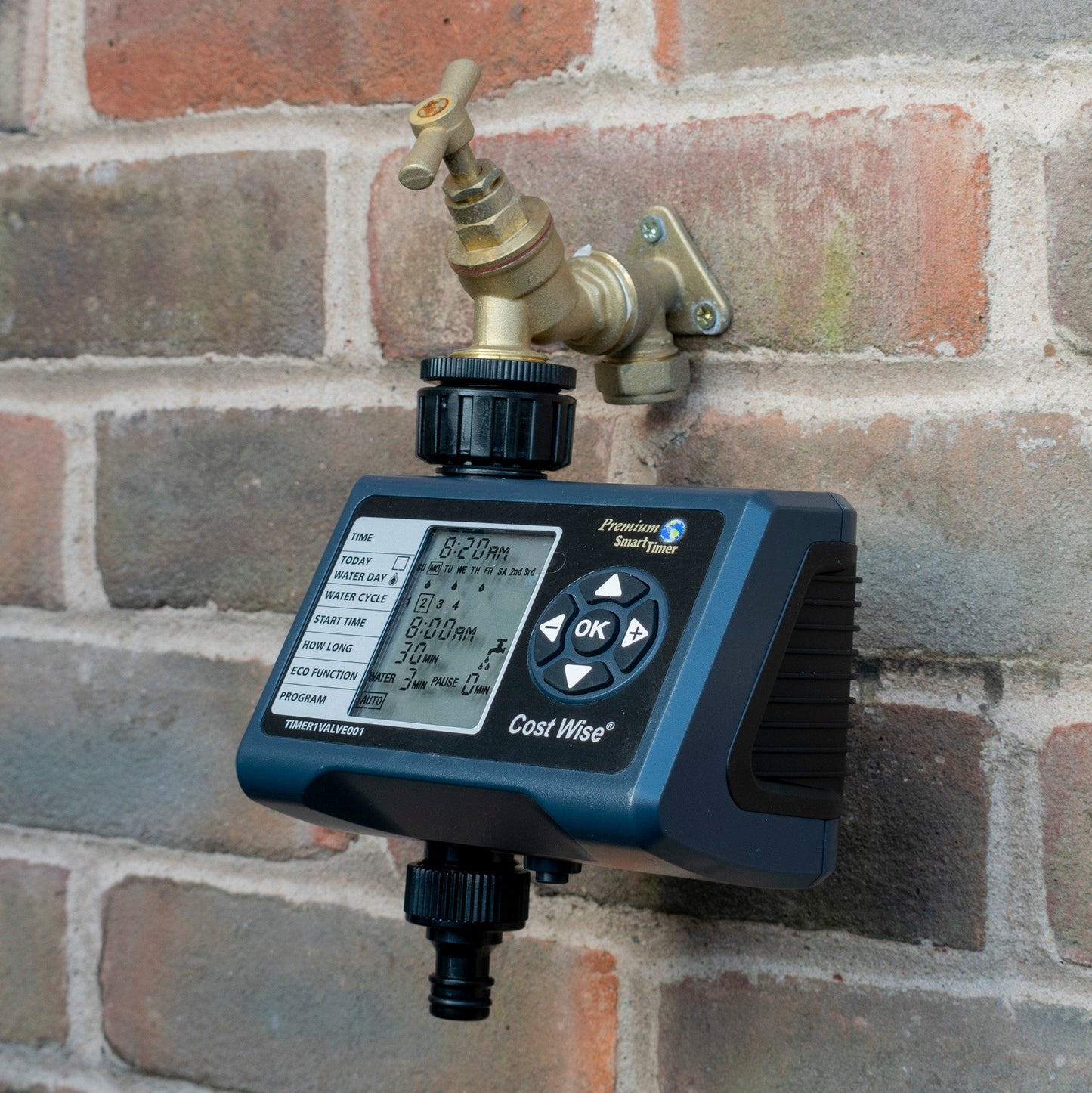 Electronic water timer with valve connection and angled front control panel