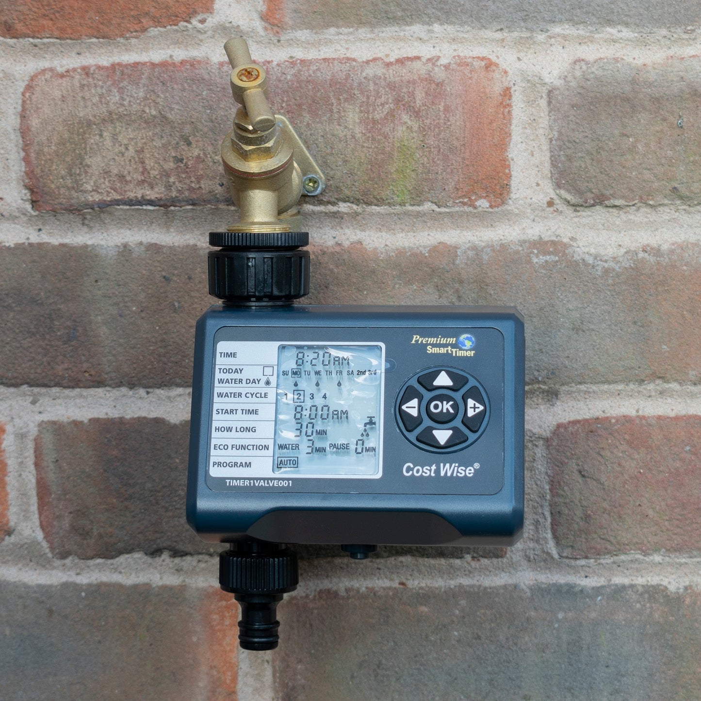 Electronic water timer mounted with brass valve fitting above