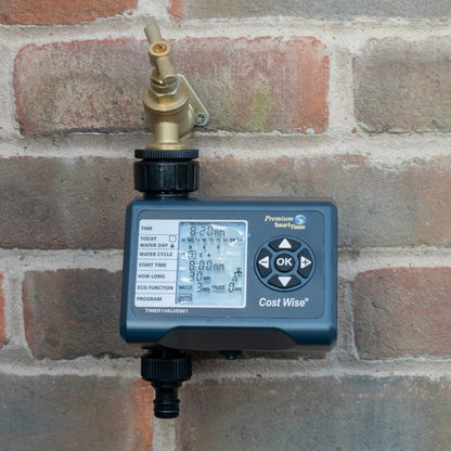 Electronic water timer mounted with brass valve fitting above