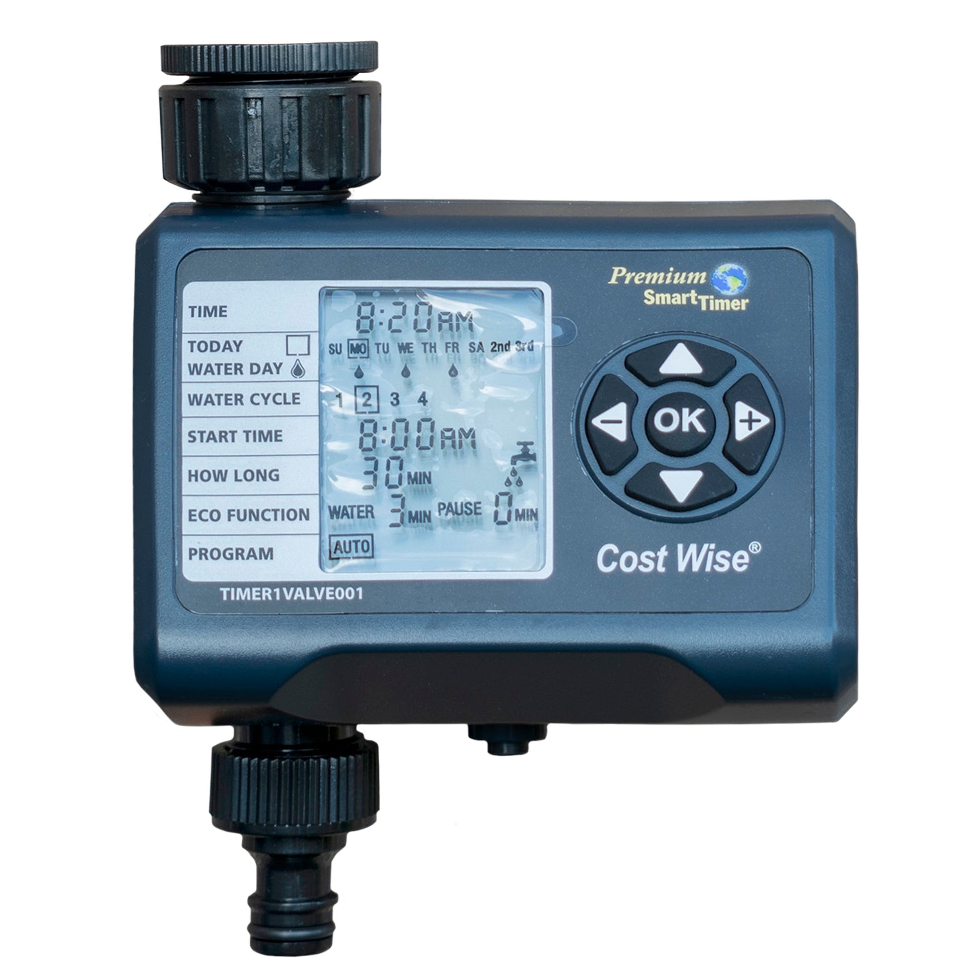 Front view of electronic water timer, LCD screen and OK control dial
