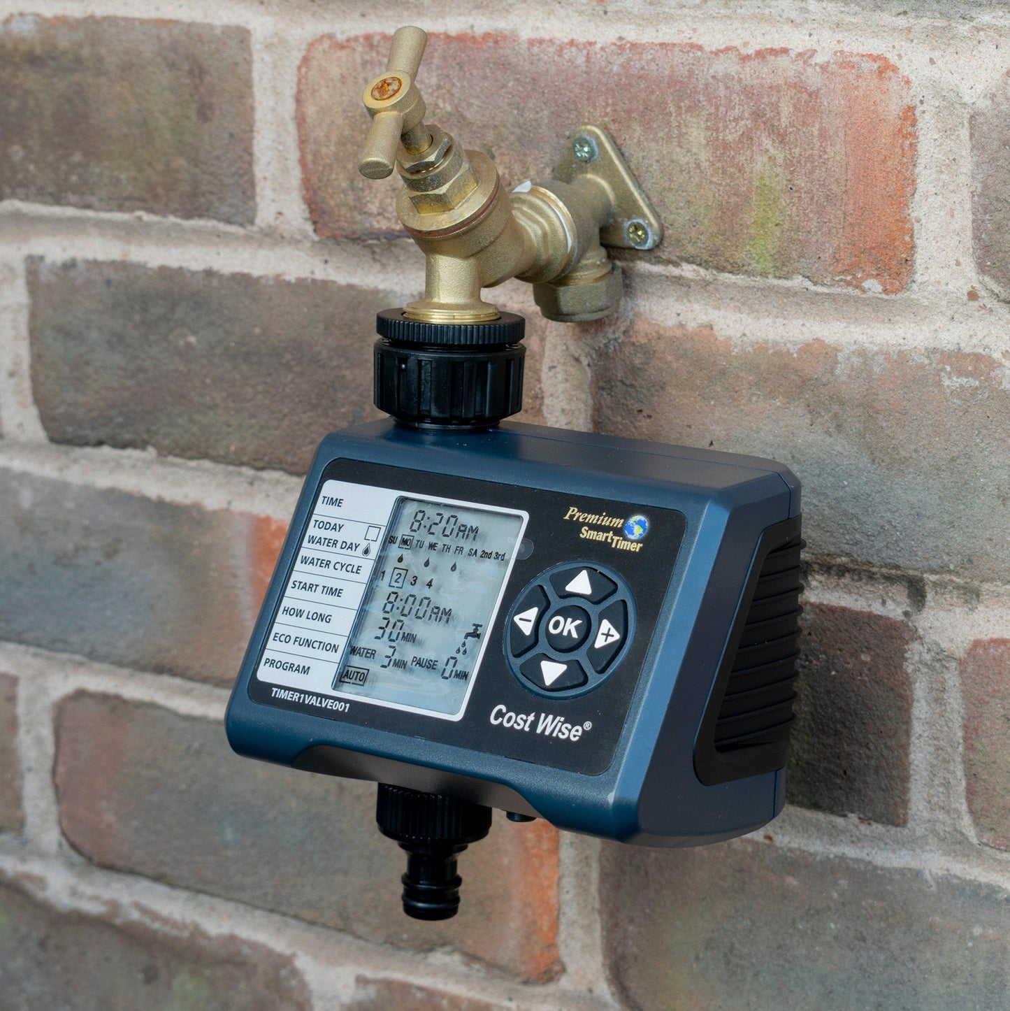 Electronic water timer unit with display and control buttons