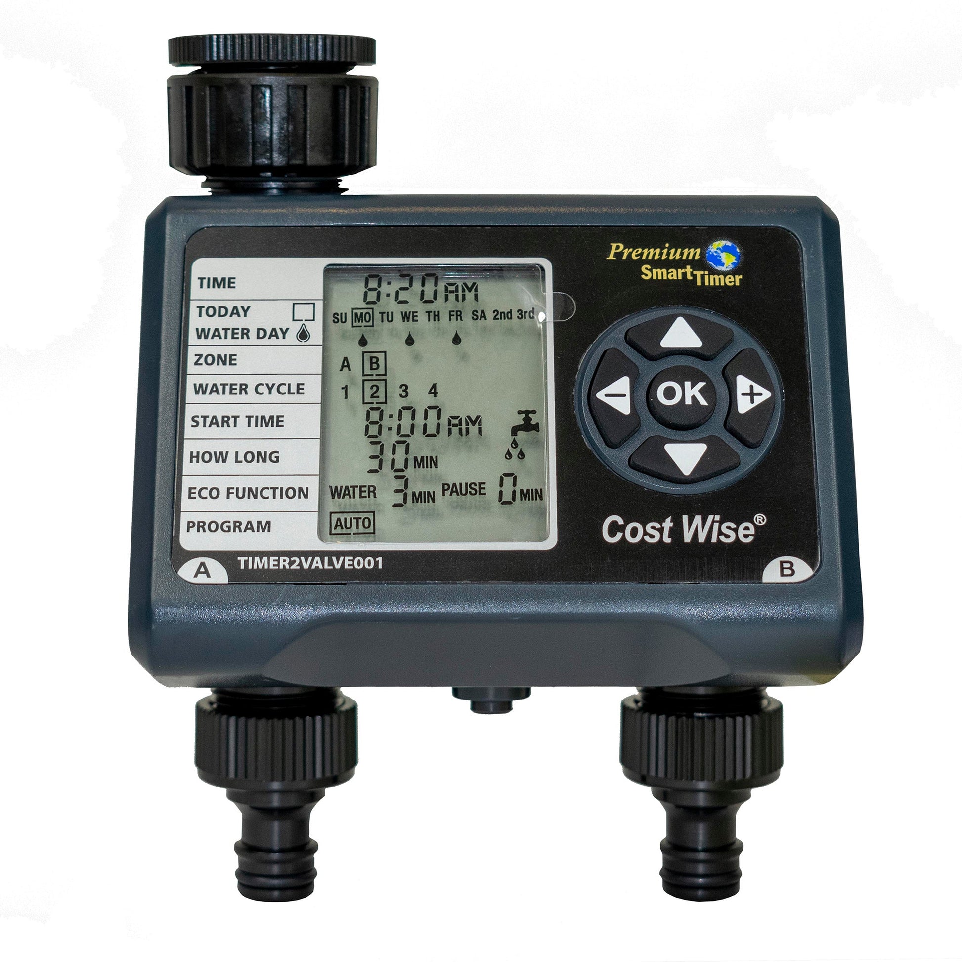 Double outlet water timer front screen with Premium SmartTimer control buttons