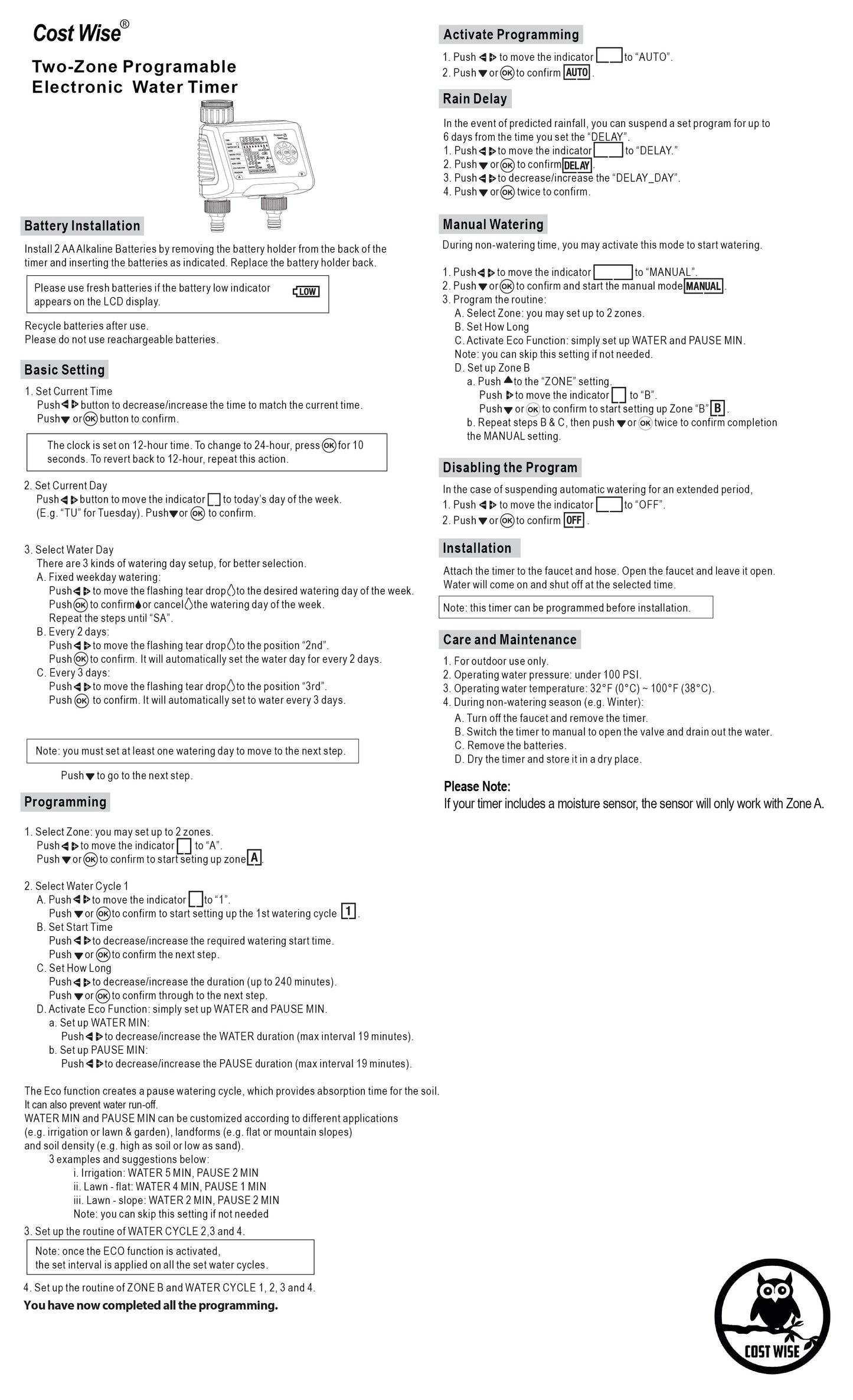 Two-zone programmable water timer instruction page with programming steps