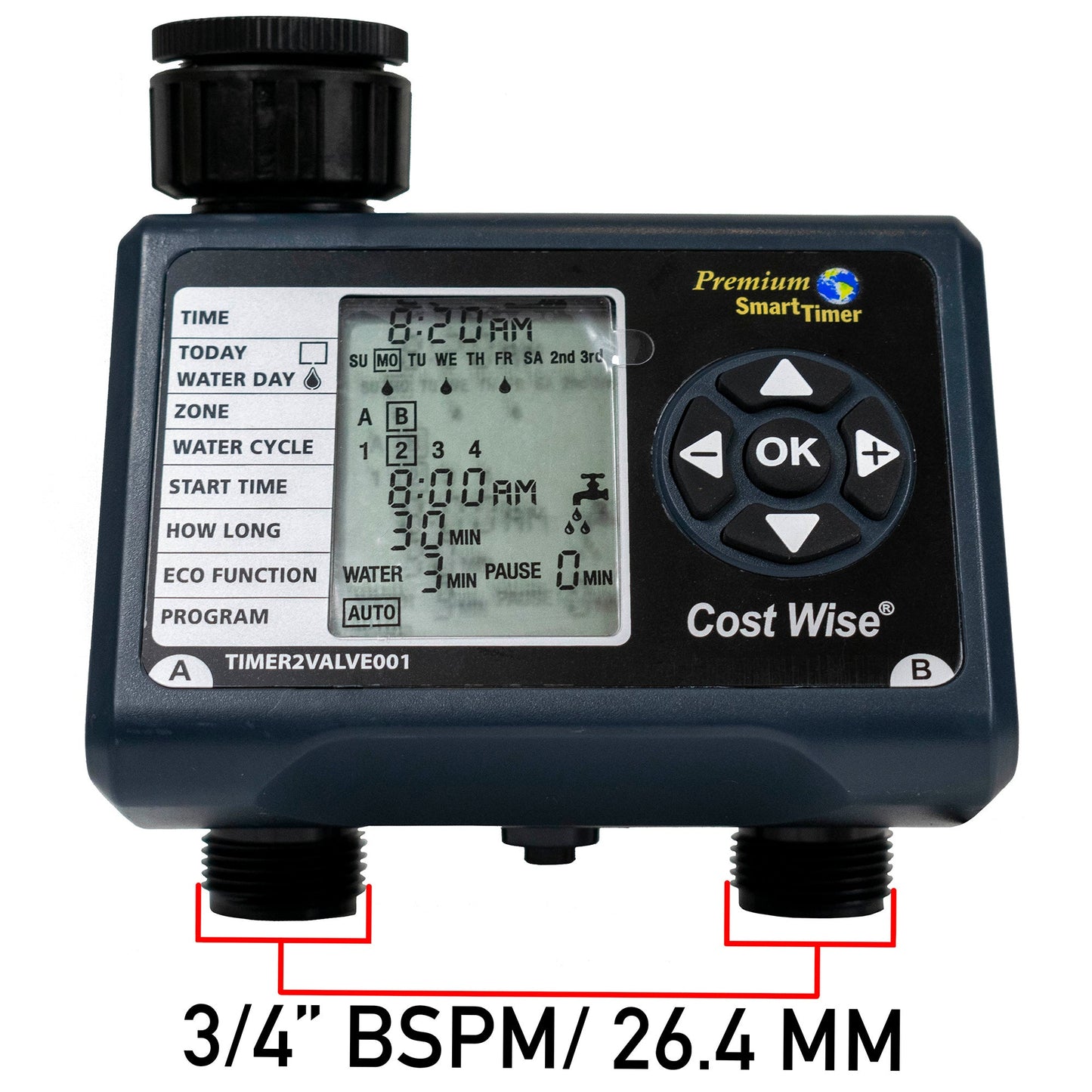 Double outlet water timer with twin threaded connections, 3/4" BSPM/26.4mm