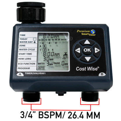 Double outlet water timer with twin threaded connections, 3/4" BSPM/26.4mm