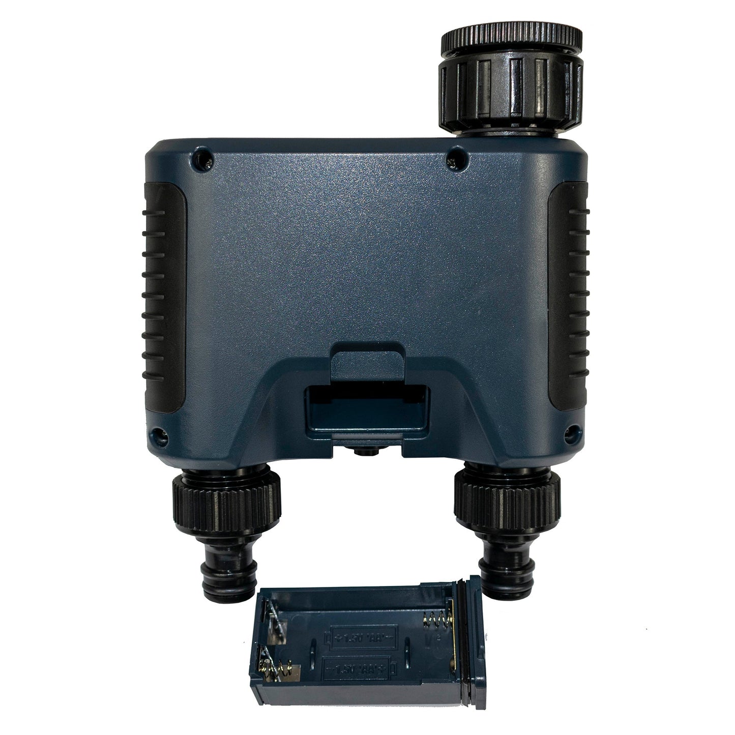 Double outlet water timer rear view with connection panel and screw holes