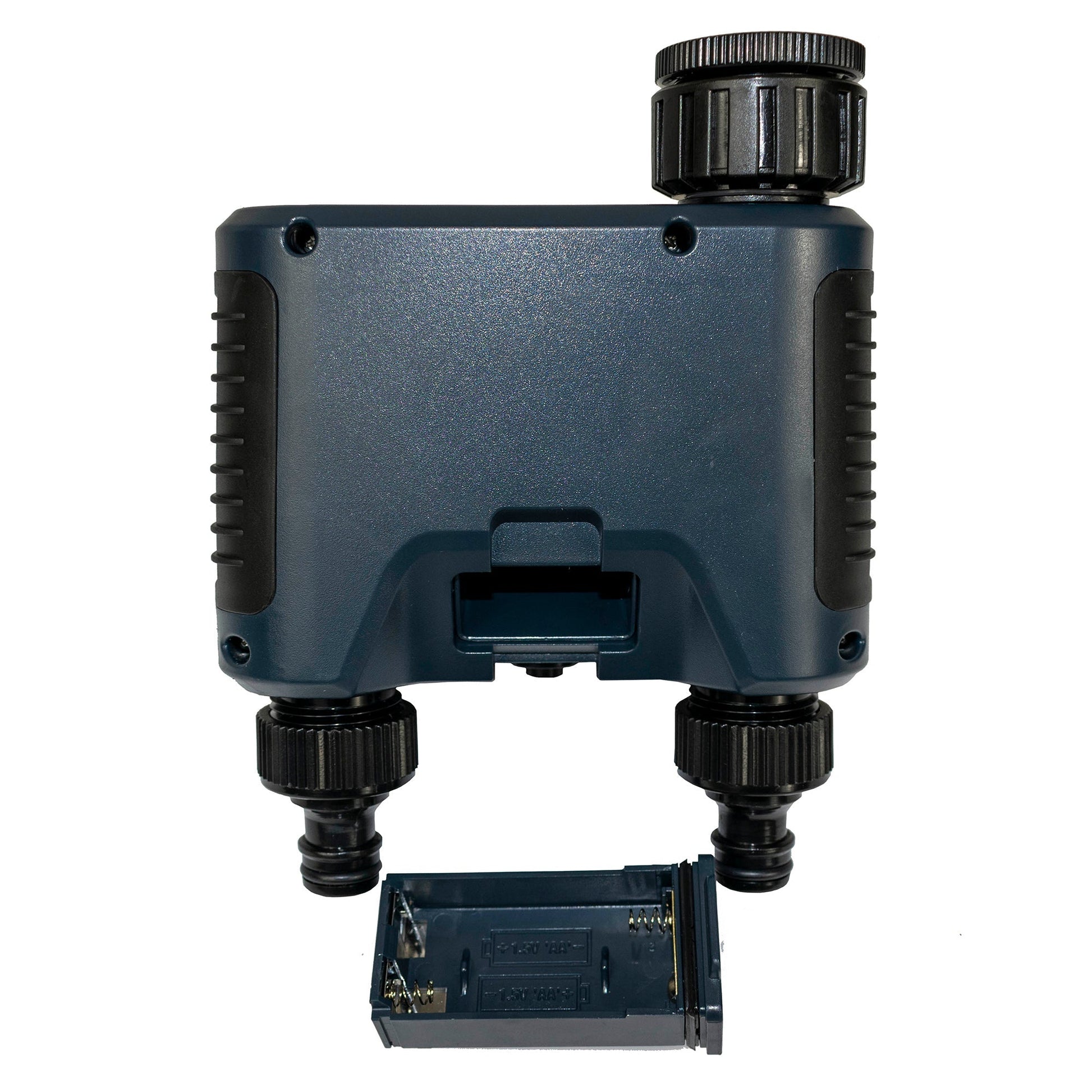 Double outlet water timer rear view with connection panel and screw holes