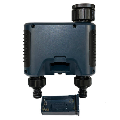 Double outlet water timer rear view with connection panel and screw holes