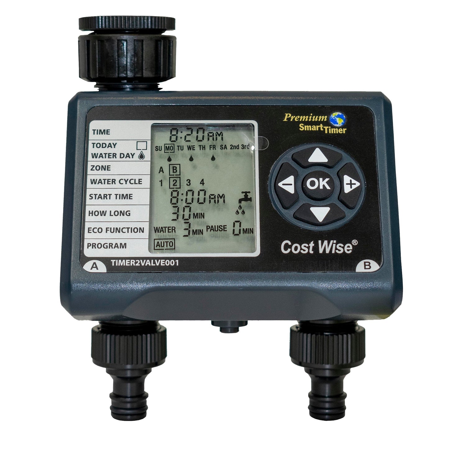 Double outlet water timer with LCD display and round control dial