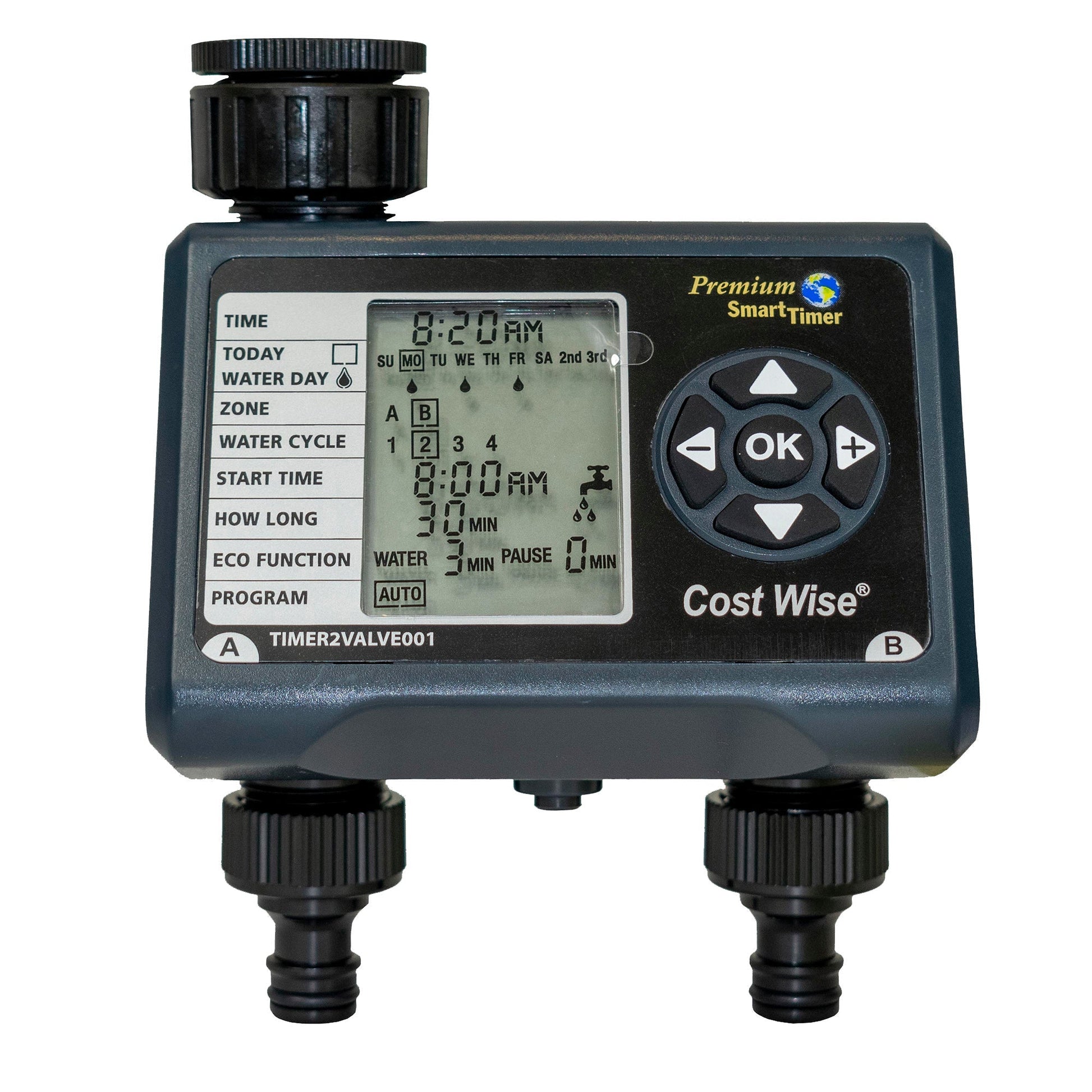 Double outlet water timer with LCD display and round control dial