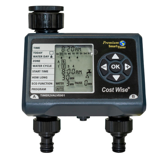 Double outlet water timer with LCD display and round control dial