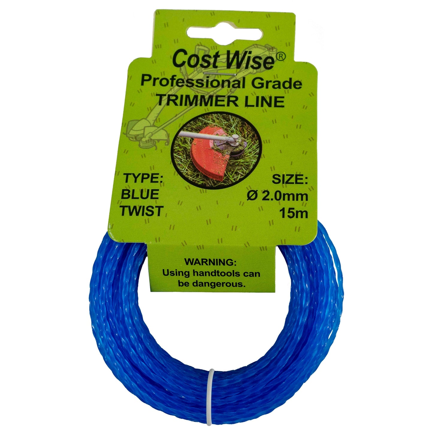Blue twisted strimmer line, 2.0mm x 15m on retail package