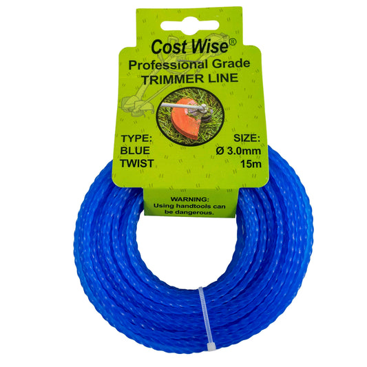 Blue Twist Strimmer Line 3.0mm, 15m spool; twisted blue trimmer cord on card
