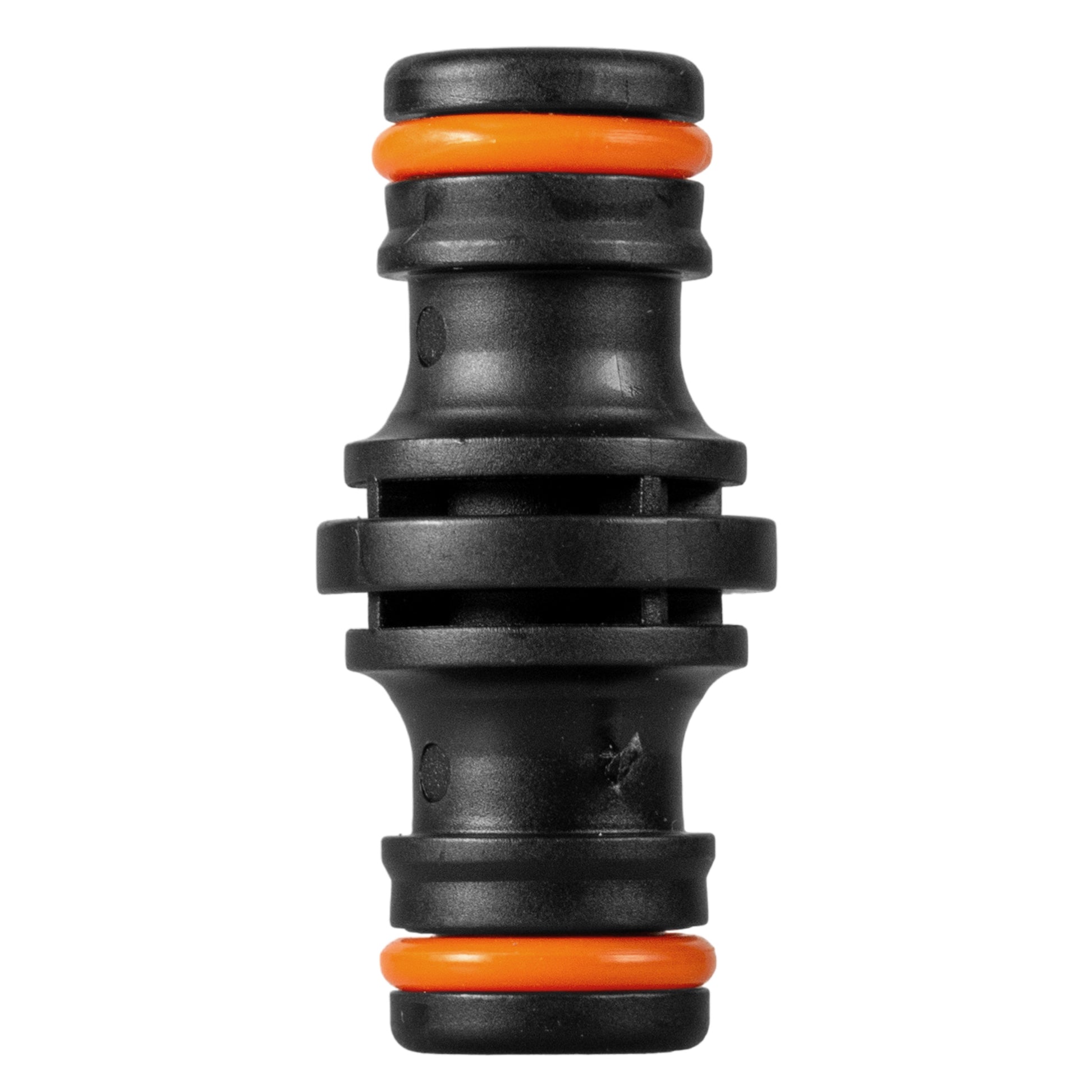 Black connector with orange-ring seals and connected central section