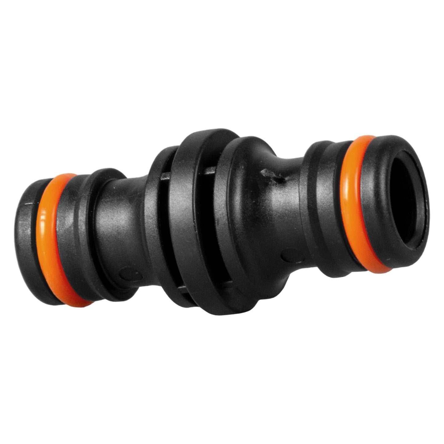 Two Way Male Connector 23mm black, angled view of male ends with orange O-rings