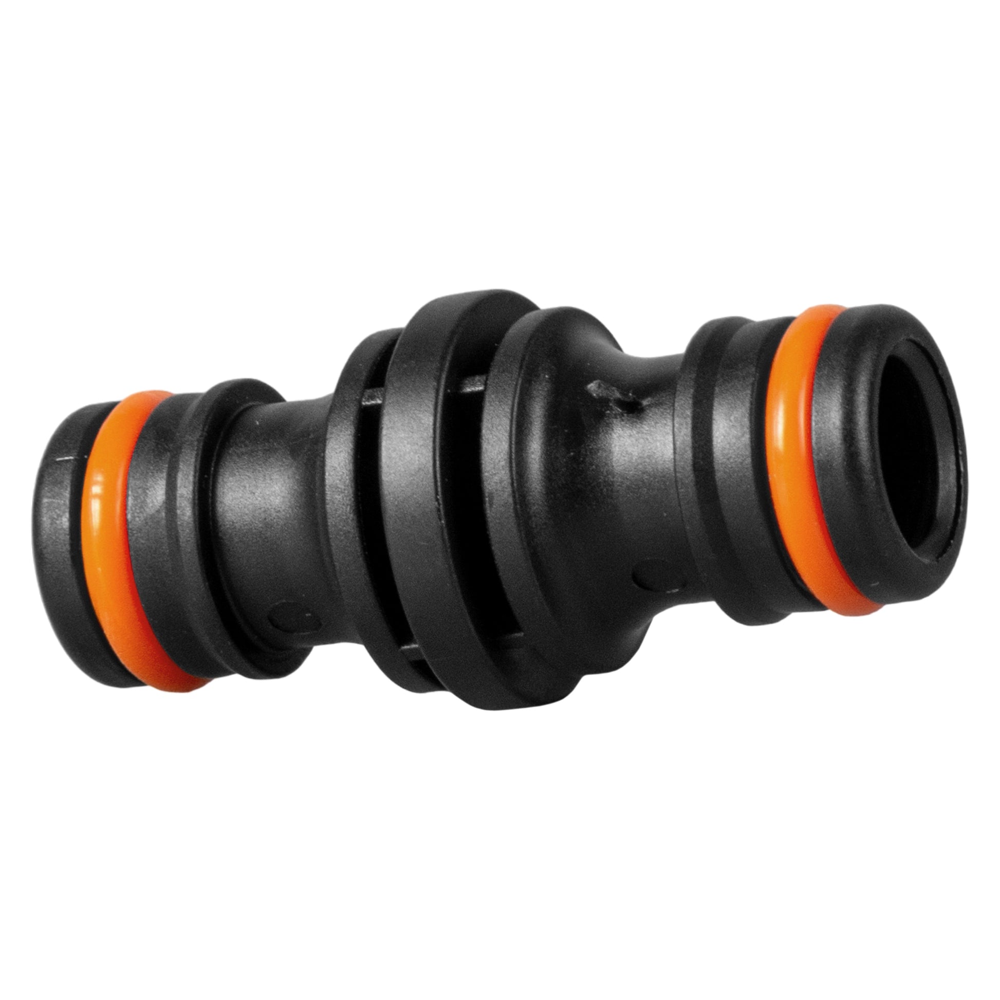 Two Way Male Connector 23mm black, angled view of male ends with orange O-rings