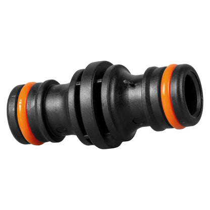 Two Way Male Connector 23mm black, angled view of male ends with orange O-rings