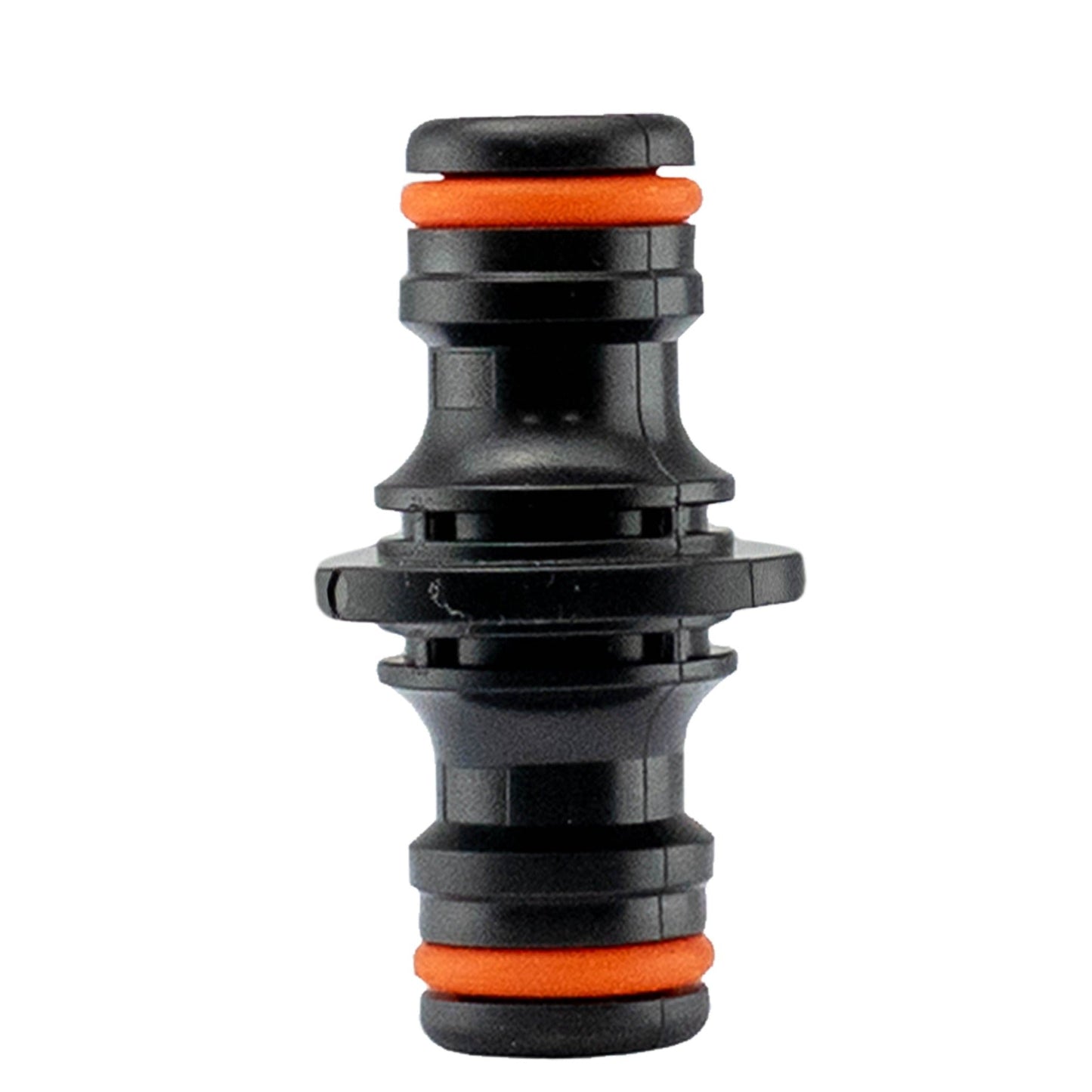 Two Way Male Connector 23mm black, end view with orange sealing ring