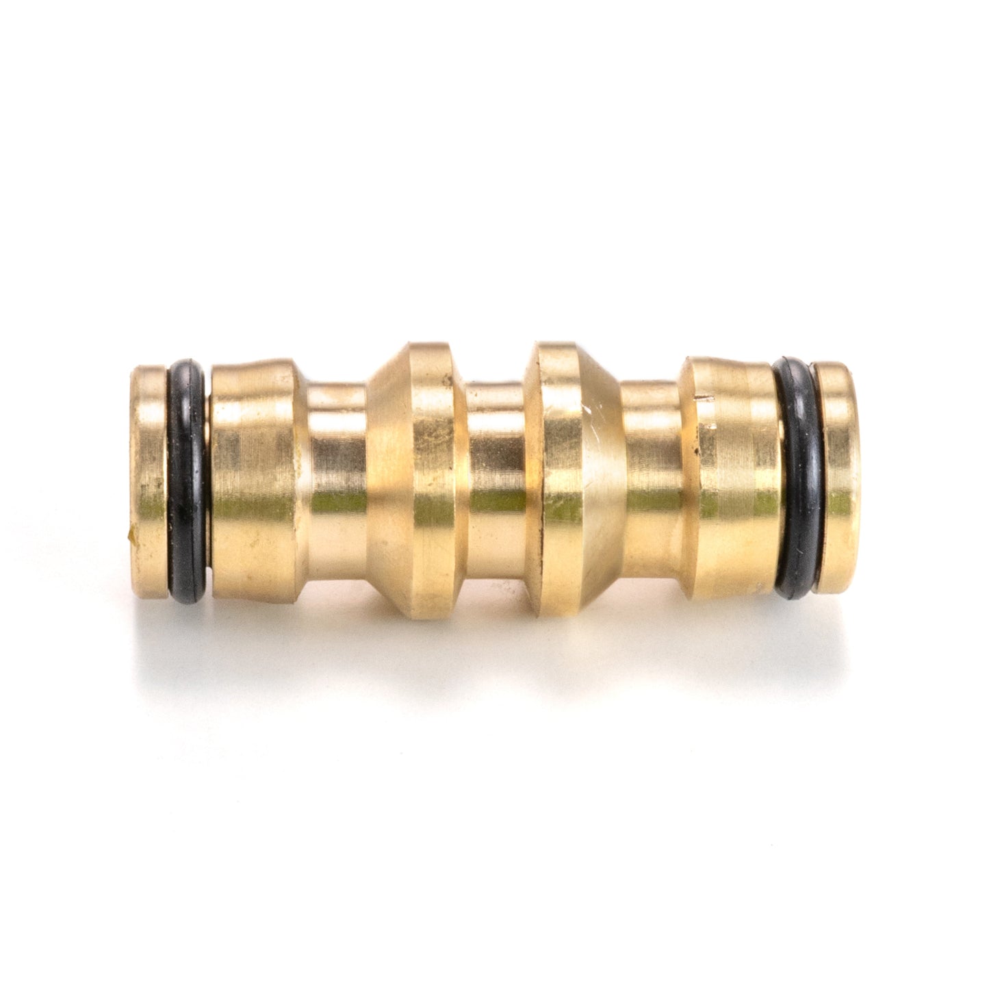 Two way male snap-on brass connector with black rubber seals, straight coupler