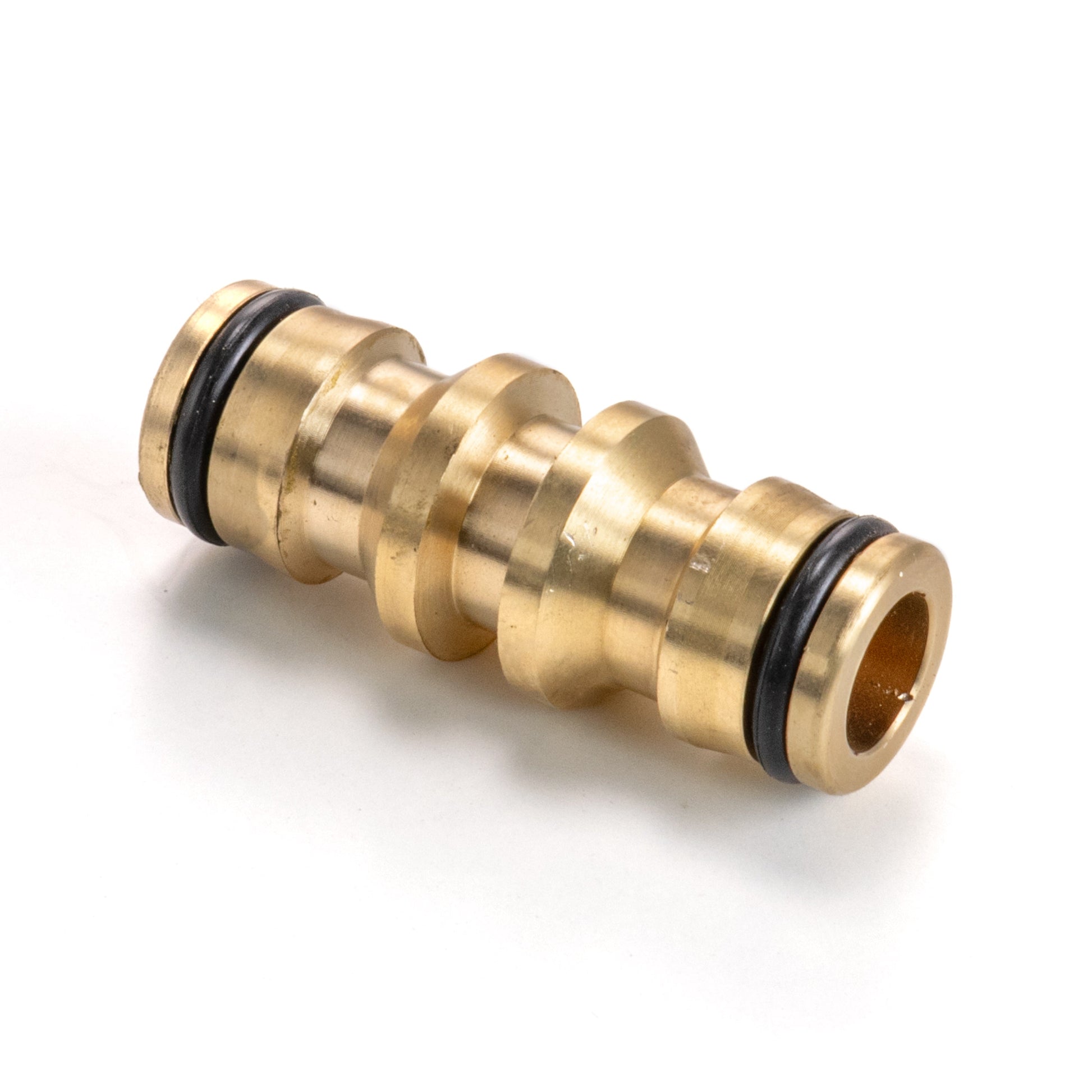 Two way male snap-on brass connector, angled view with black O-ring gaskets