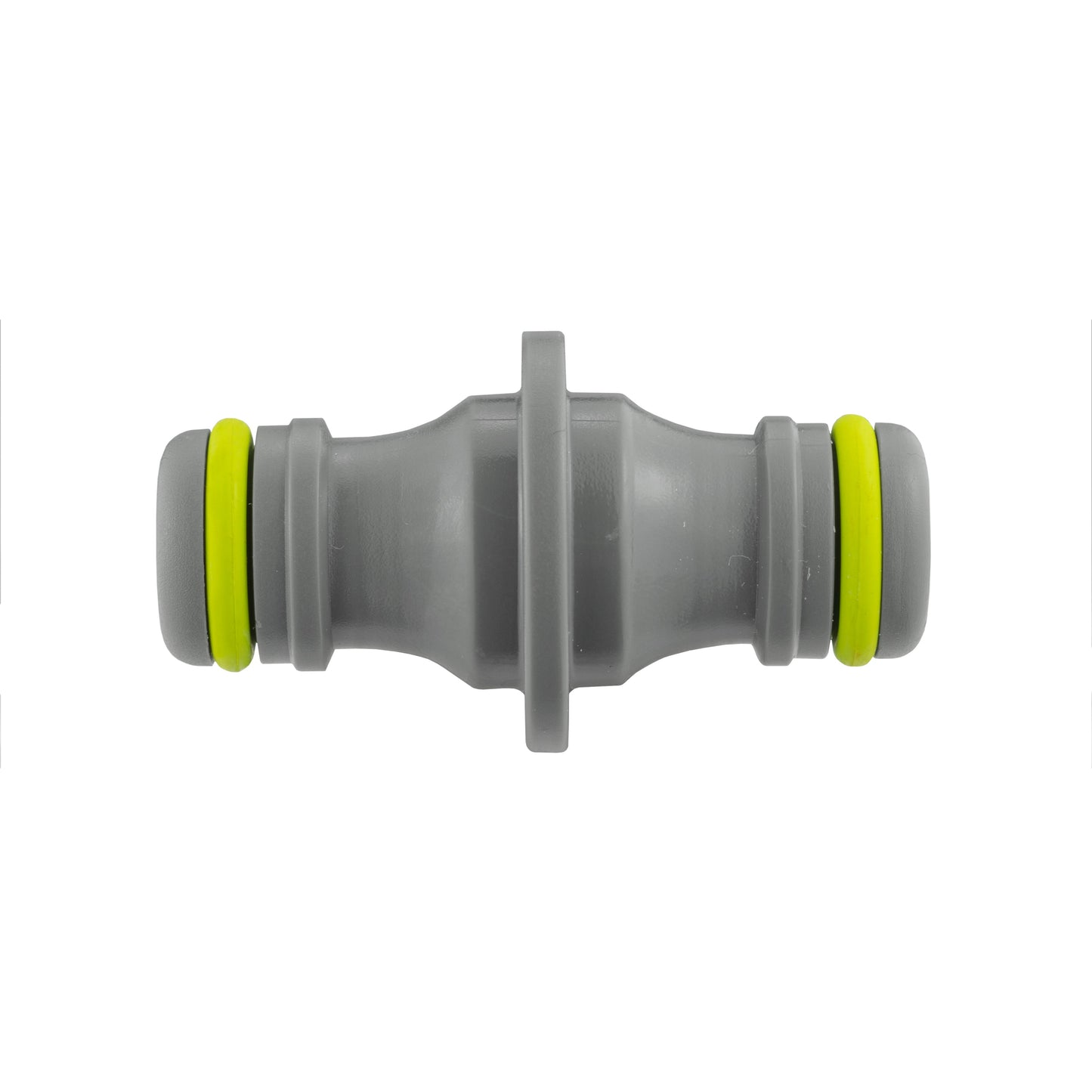 Grey inline IBC hose connector with lime end rings and center connector bar