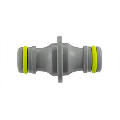 Grey inline IBC hose connector with lime end rings and center connector bar