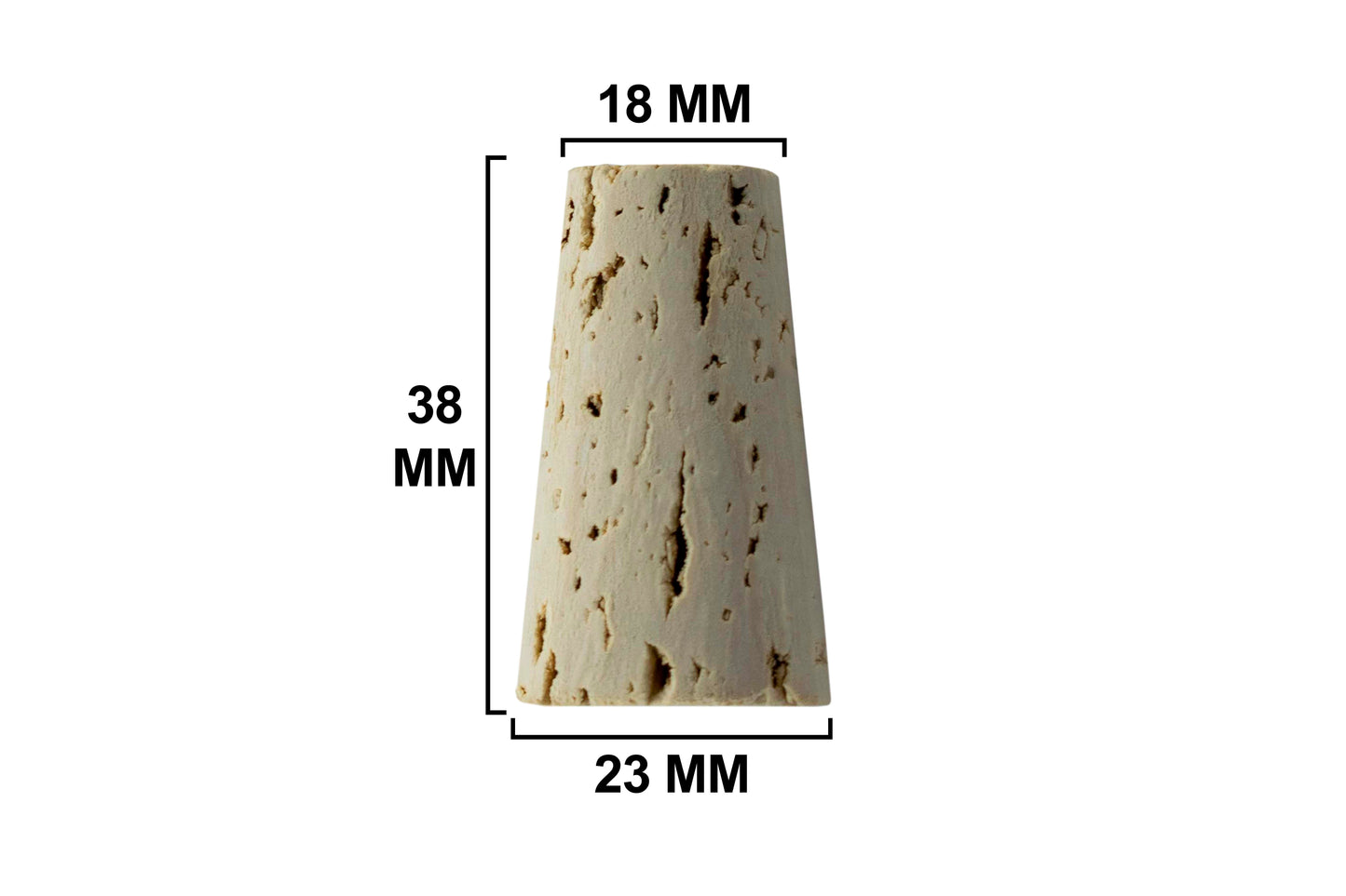 Tapered cork piece with dimensions: 18 mm top, 23 mm base, 38 mm height