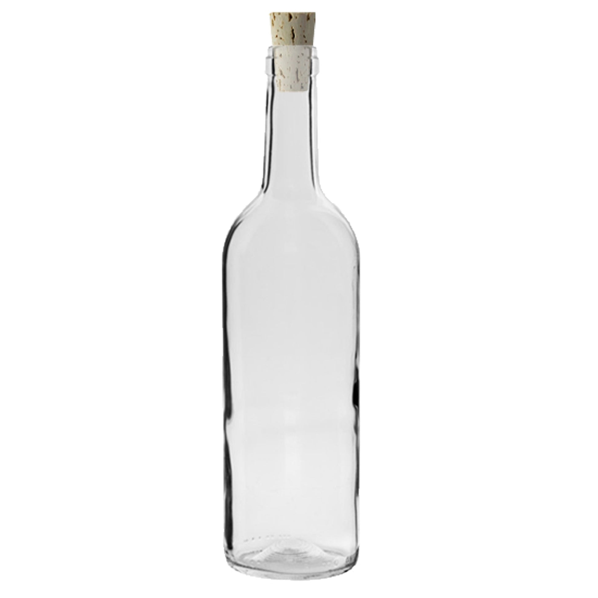 Tapered cork stopper on a clear glass bottle neck