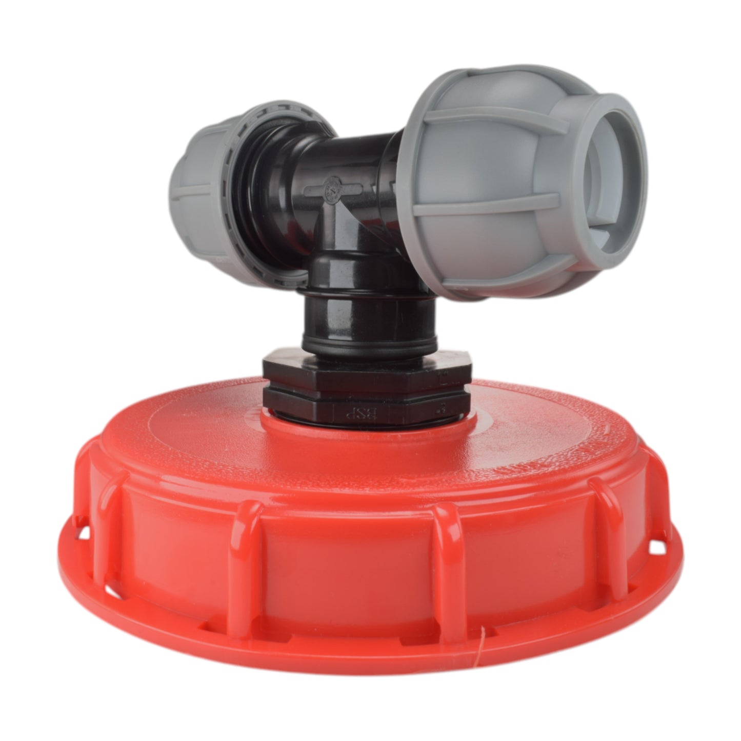 25mm MDPE tee cap kit: grey end caps, black elbow/T, red IBC lid