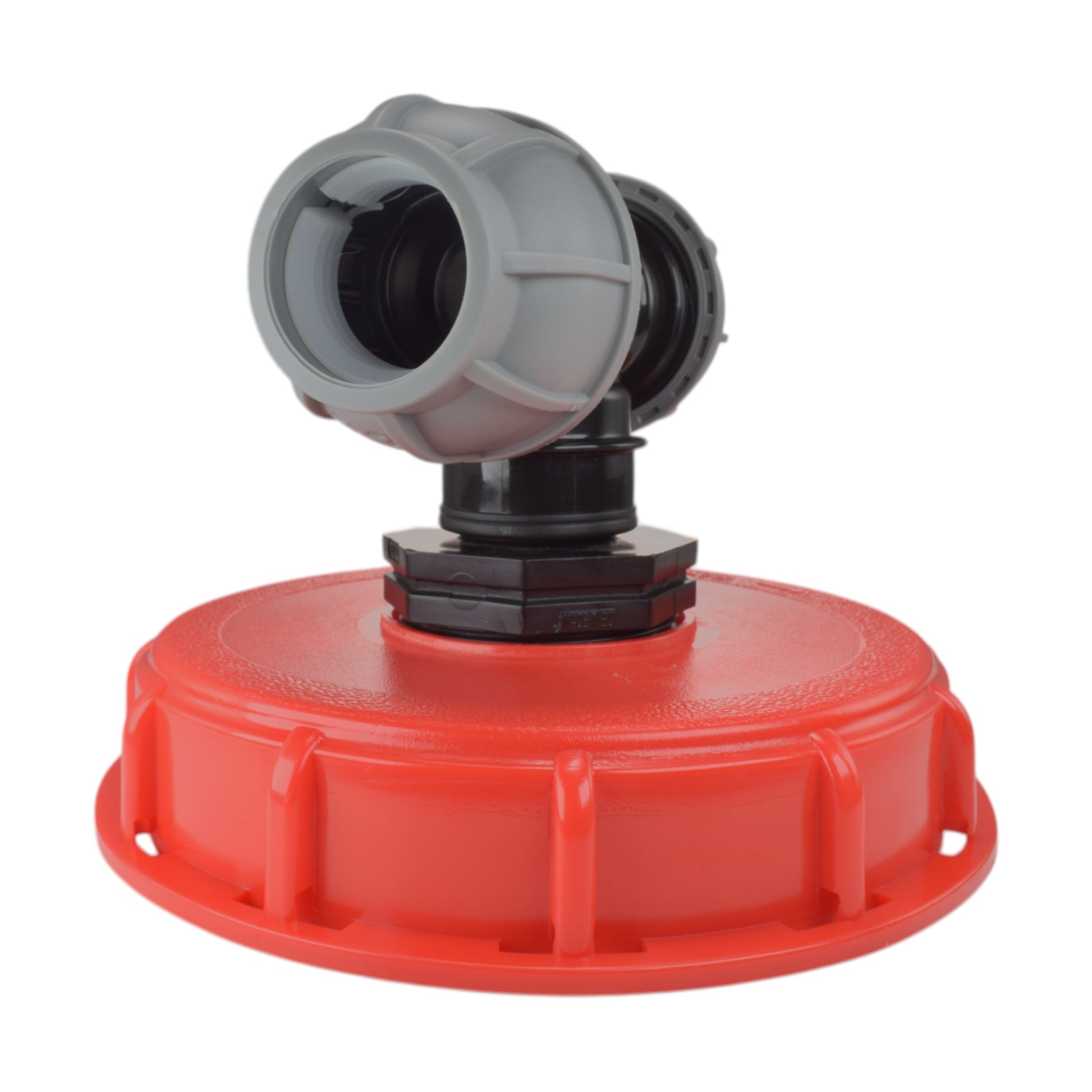IBC cap kit top view: grey port openings with black tee, red IBC lid