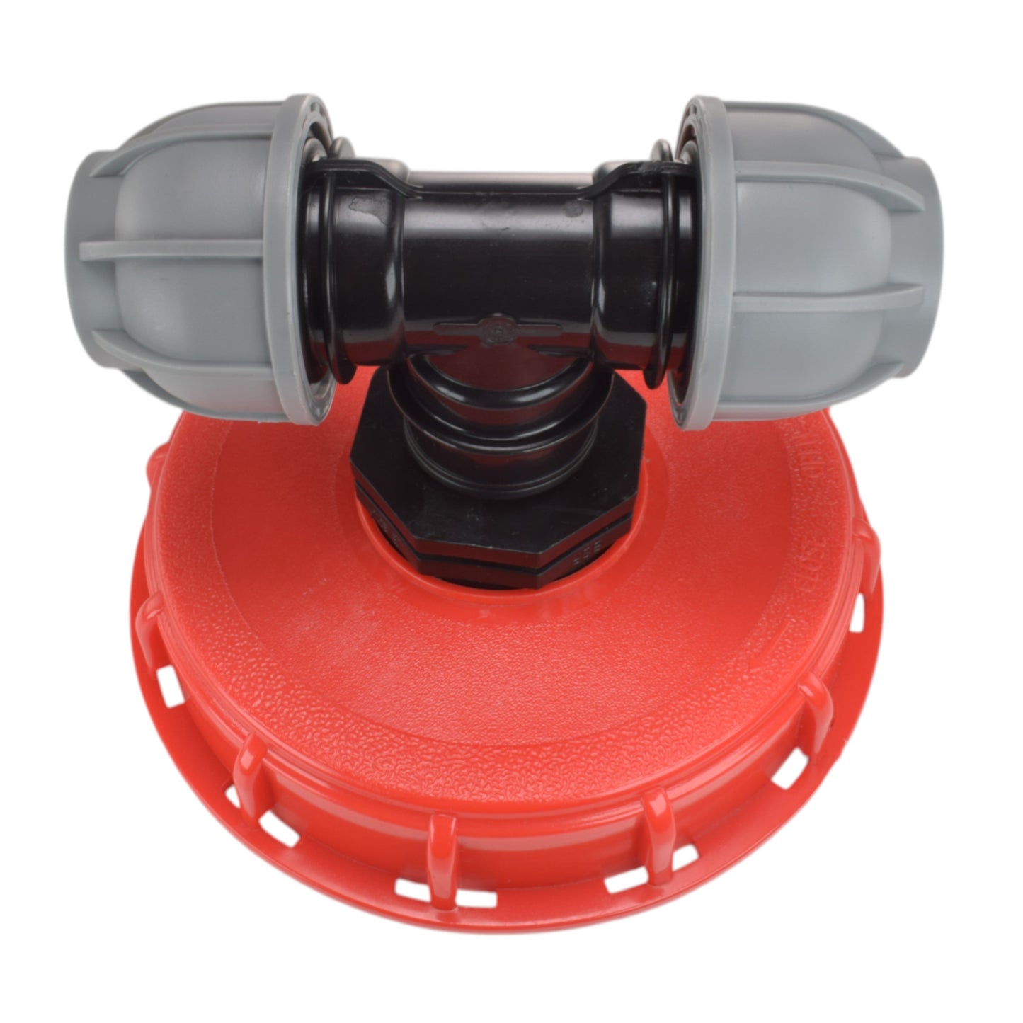 IBC cap kit underside: black tee fittings, grey caps on red IBC lid
