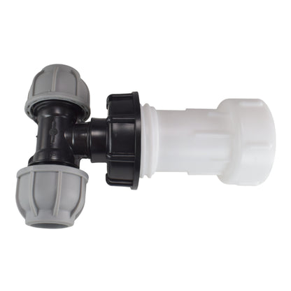 IBC extender with 2 in S60X6 cap and 32mm MDPE tee, side view fittings