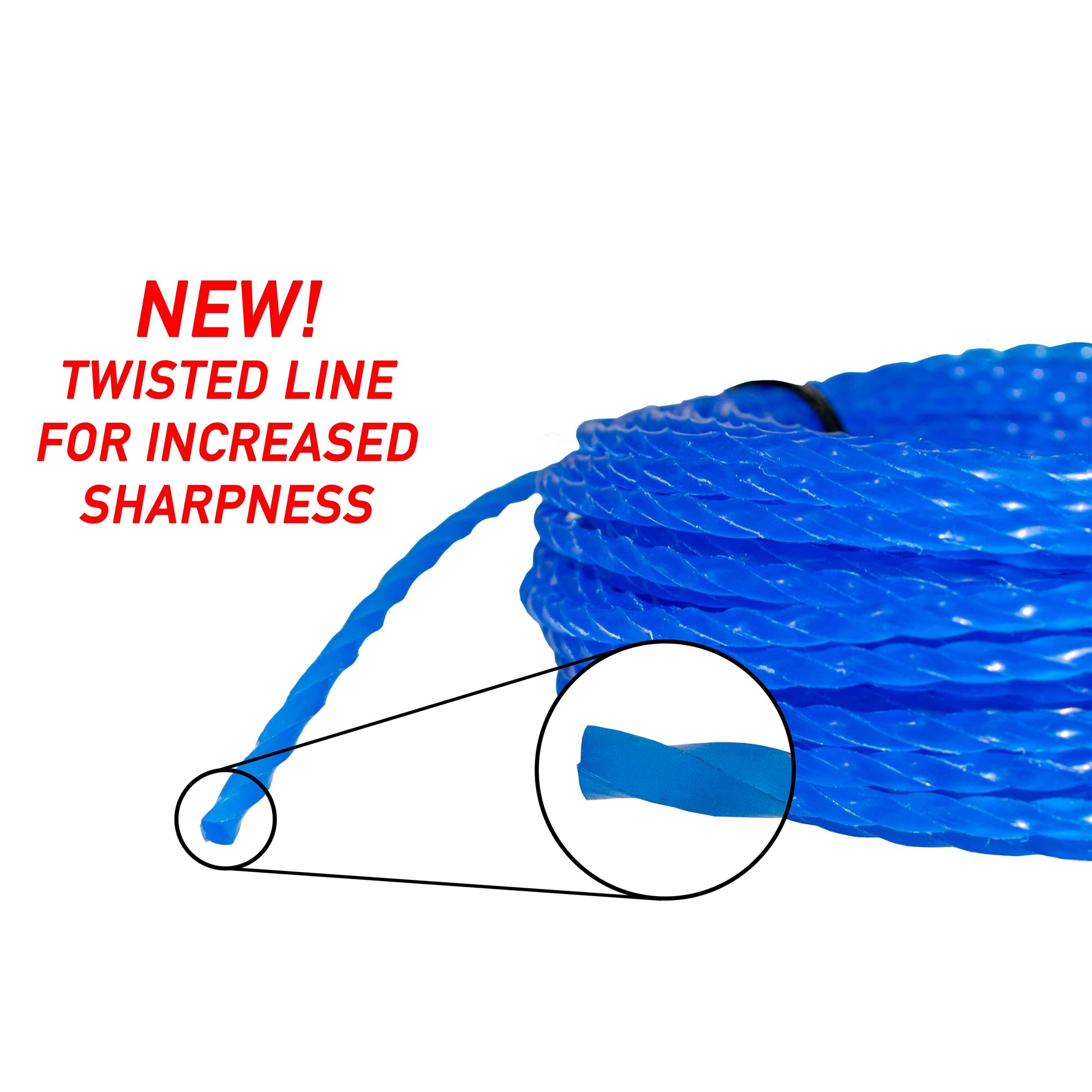 Blue twisted trimmer line spool, textured cord for sharper cutting