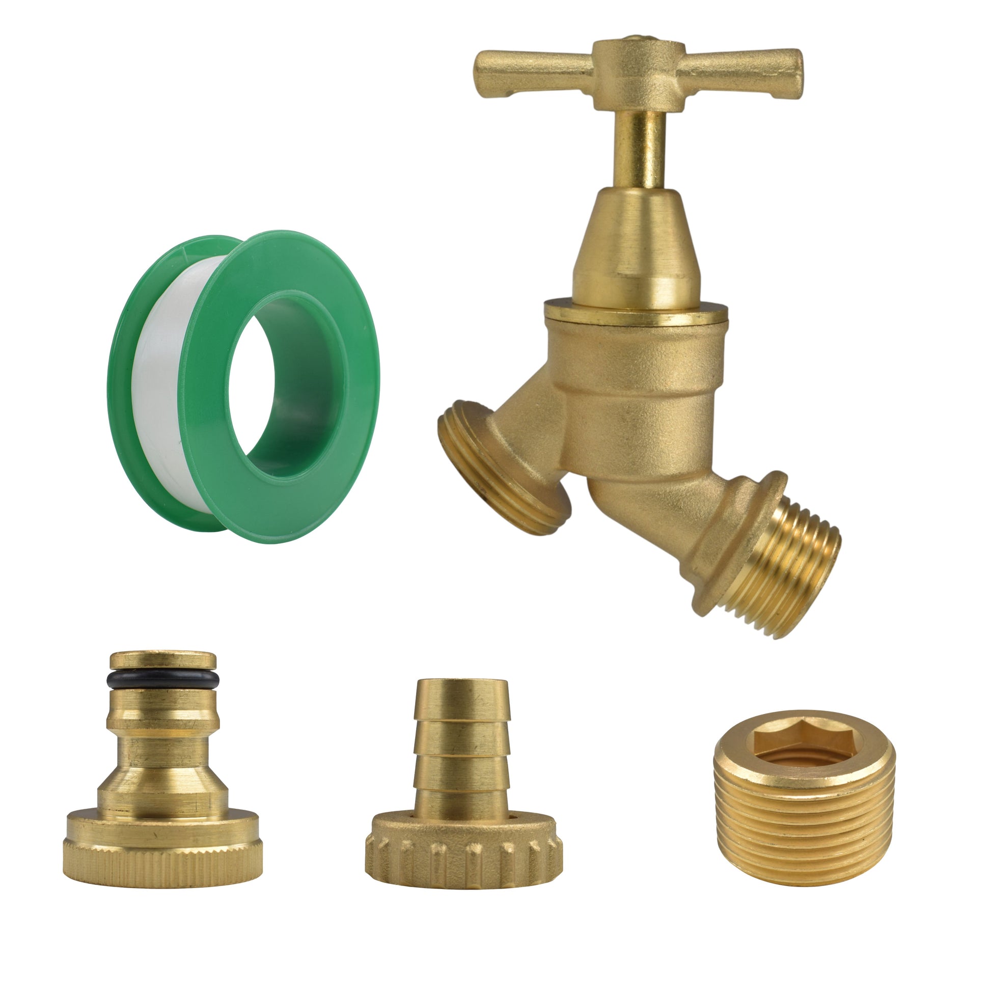 Brass bib tap with green quick-connect outlet and spare threaded adapters