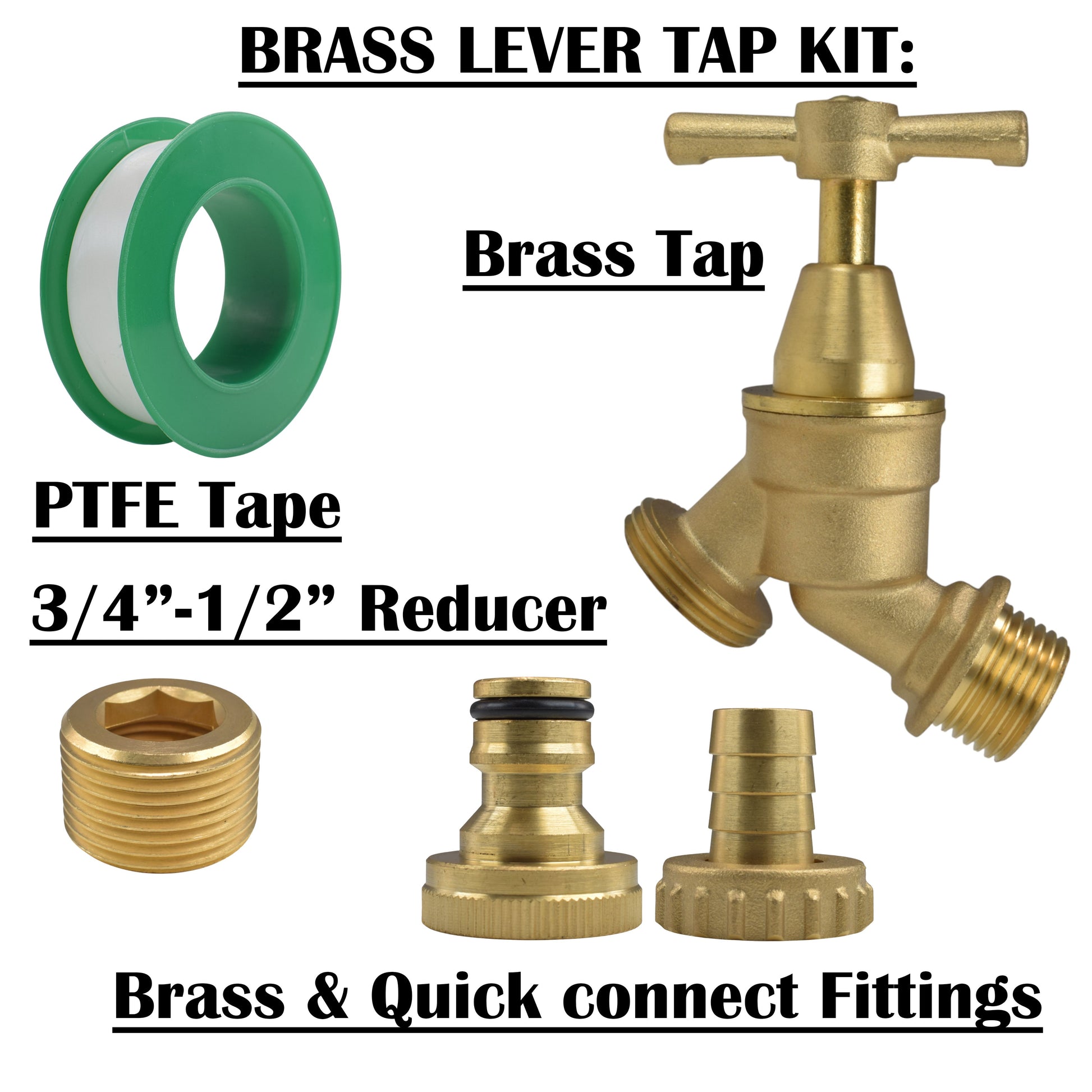 Brass bib tap kit with quick connect & barbed fittings, BSP reducer 1/2 and 3/4